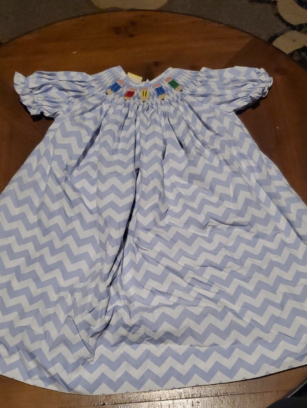 Light Blue Chevron Smocked Kids Dress with Puff Sleeves